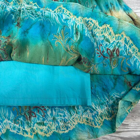 Vintage Boho Silk Blend Skirt Green Blue Floral Tie Dye Pleated Midi Size 8 - Picture 7 of 9